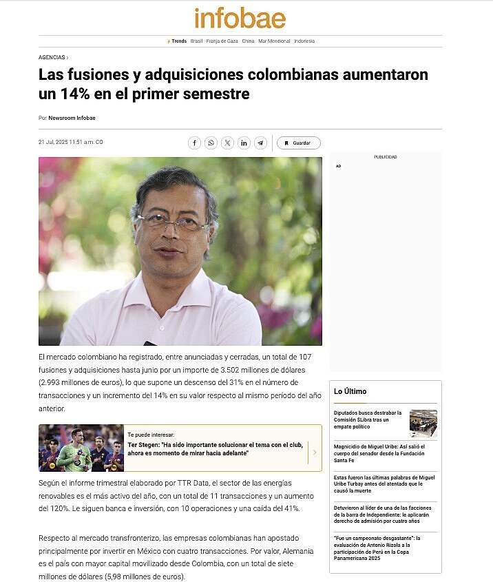 Las fusiones y adquisiciones colombianas aumentaron un 14% en el primer semestre